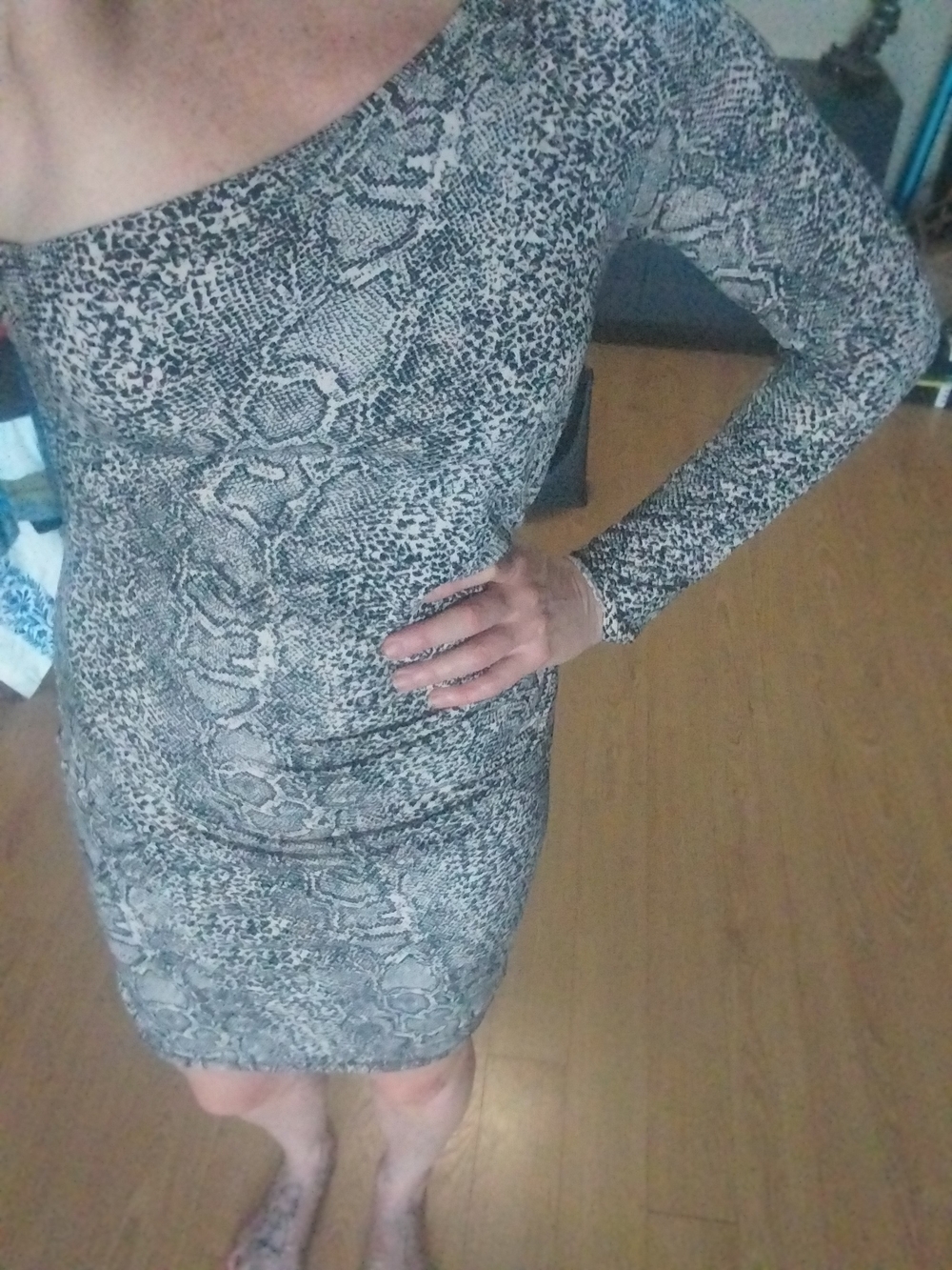 Guess Gray Snake-Patterned One Shoulder Dress